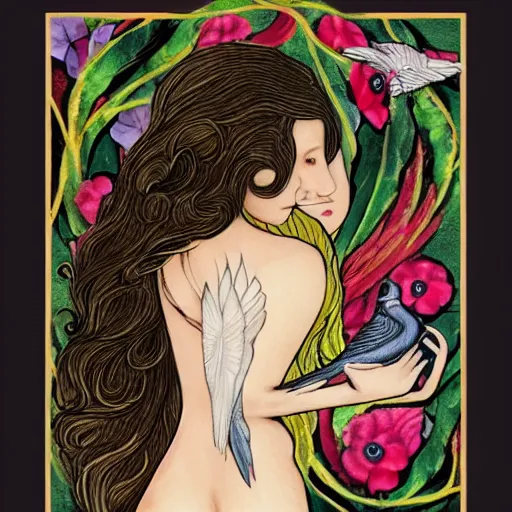 Image similar to soft by jasmine becket - griffith, by nacho carbonell illuminated manuscript, illuminated manuscript. body art. a woman is shown from behind, her body slightly blurred as if in motion. her long hair cascades down her back, & she is holding a small bird in her hand.