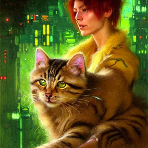 Prompt: a portrait of a humanoid fluffy tabby cat feline with green human eyes wearing a jumpsuit. shadowrun cyberpunk fantasy highly detailed painting by gaston bussiere craig mullins jc leyendecker gustav klimt artgerm greg rutkowski john berkey, bergey, craig mullins, ruan jia, raymond swanland, jeremy mann, tom lovell, alex malveda