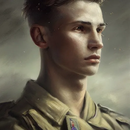 Prompt: a dramatic epic ethereal portrait of a WWII soldier, young male, detailed face, cinematic lighting, highly detailed oil on canvas painting by Greg Rutkowski, winning-award digital art trending on Artstation H 1024 W 832