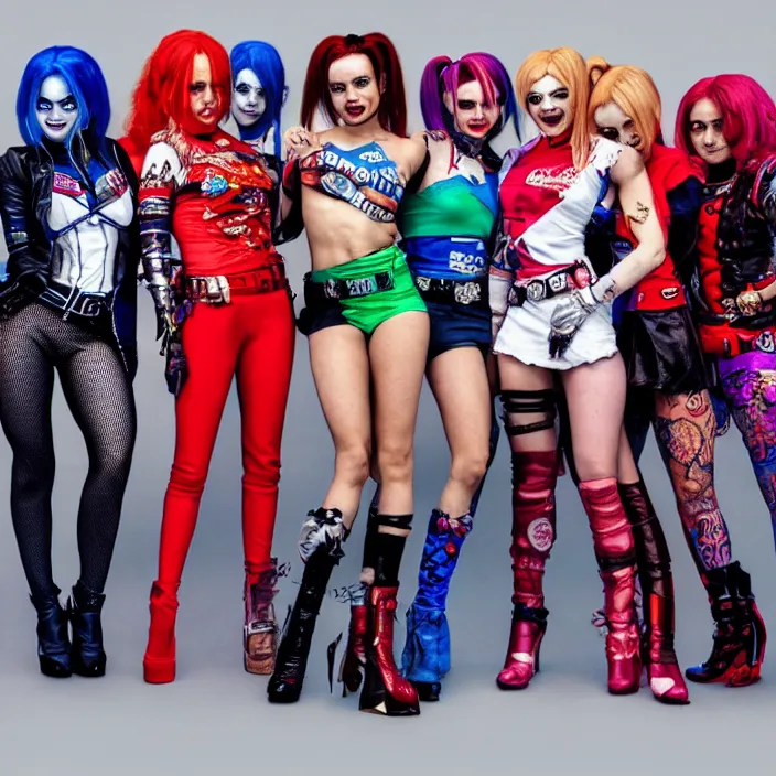 Image similar to portrait of Spice Girls as harley quinn in Suicide Squad. intricate artwork, wlop, nekroxiii. octane render, trending on artstation, very coherent symmetrical artwork. cinematic, hyper realism, high detail, octane render, 8k