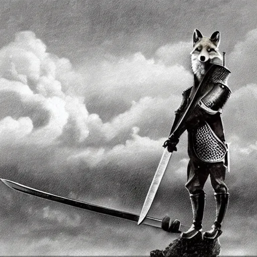 Image similar to anthropomorphic fox!! who is a medieval knight holding a sword towards a stormy thundercloud [ 1 9 3 0 s film still ], castle,, in the background