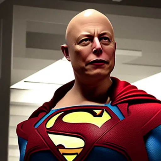 Prompt: film still of bald Elon Musk as Lex Luther in the new Superman movie
