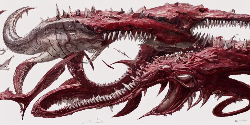 Image similar to Pearl white mechanical serpent shark character design sheet, Monster Hunter Illustrations art book, sharp teeth, crimson red gradient on its face, long and sharp tail, bright shining eyes, Moebius, Greg Rutkowski, Zabrocki, Karlkka, Jayison Devadas, Phuoc Quan, trending on Artstation, 8K, ultra wide angle, zenith view, pincushion lens effect.