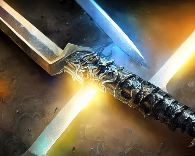 Image similar to legendary cybernetic full long sharp sword lying flat on a glowing table with a black and iridescent sword blade, digital award winning hd matte painting, intimate dark moody, intricate, ornate spikes, colorful gems on hilt, detailed realistic raytraced blade, future golden technological pommel, deviantart