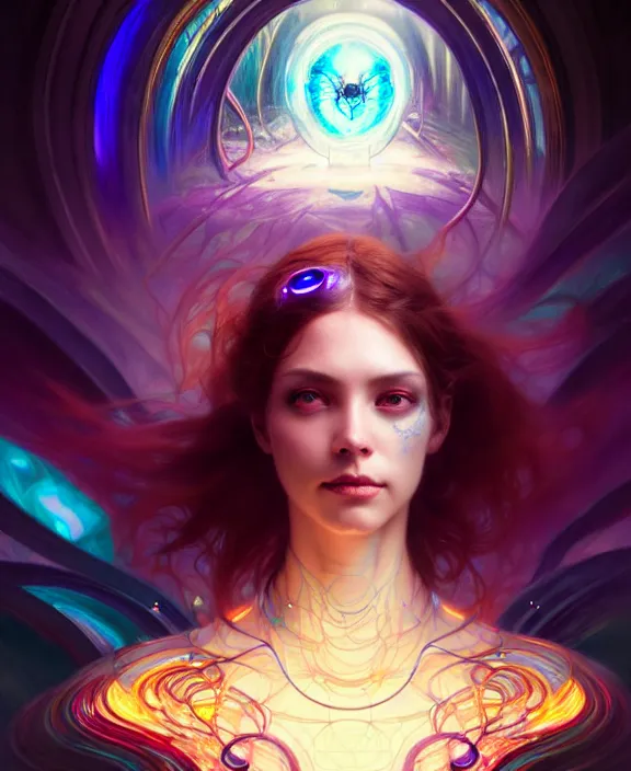 Image similar to a whirlwind of souls rushing inside the metaverse, half body, glowin eyes, tiara with sapphire, insect, android, cyberpunk, d & d, fantasy, intricate, elegant, highly detailed, colorful, vivid color, digital painting, artstation, concept art, art by artgerm and greg rutkowski and alphonse mucha and ruan jia