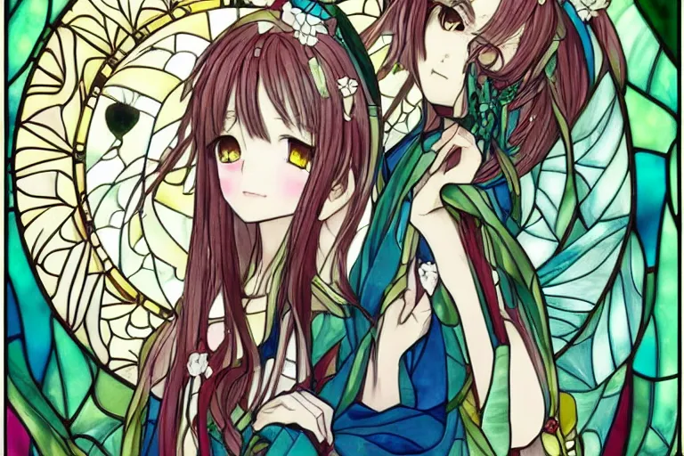 Prompt: very very beautiful cute anime girl yande.re, art nouveau, stained glass window trending on pixiv