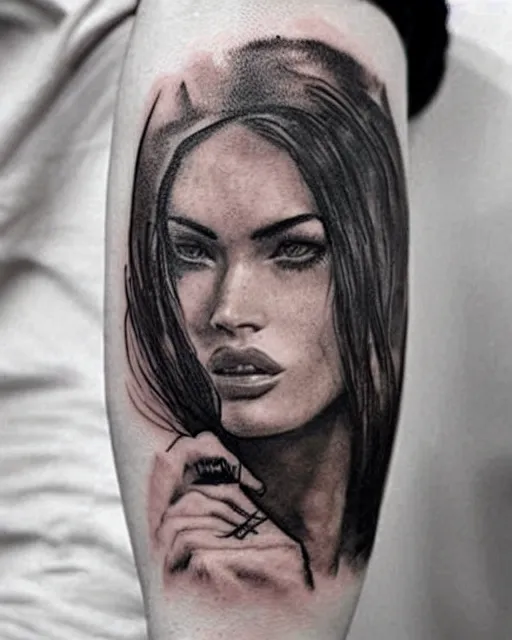 Image similar to creative double exposure effect tattoo design sketch of megan fox faded in beautiful mountain scenery, realism tattoo, in the style of matteo pasqualin, amazing detail, sharp