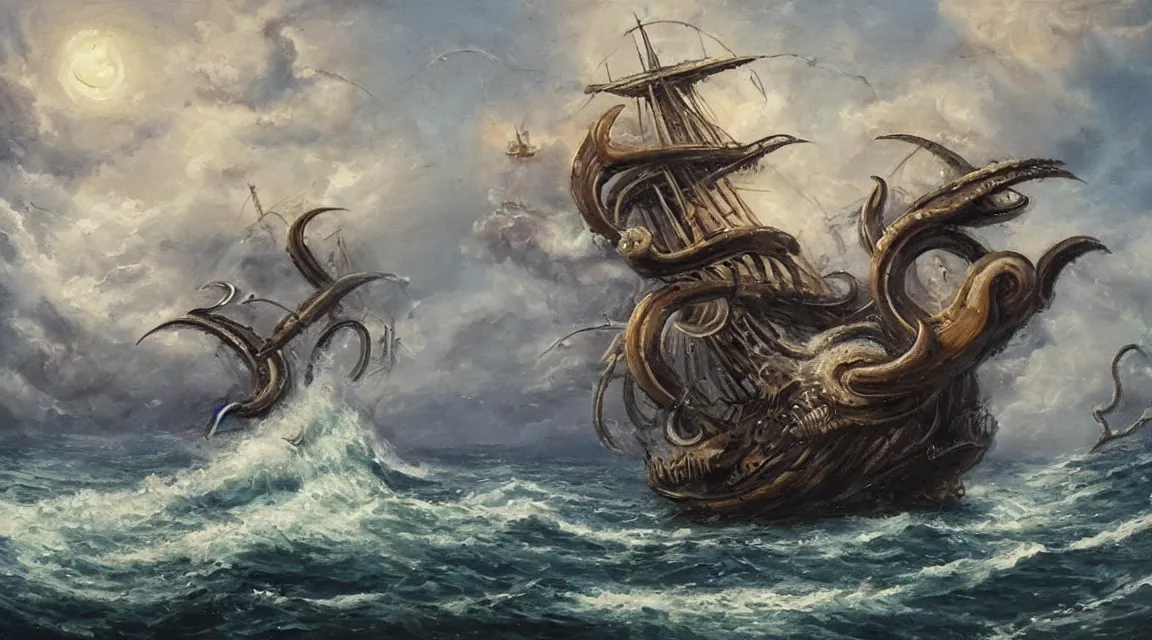 Image similar to oil painting of a kraken attacking a pirate ship