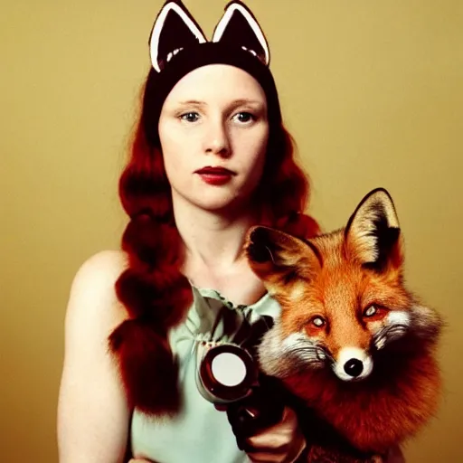 Image similar to portrait of a red haired woman, in 7 0 s clothes, holding a fox over her head while roller skating