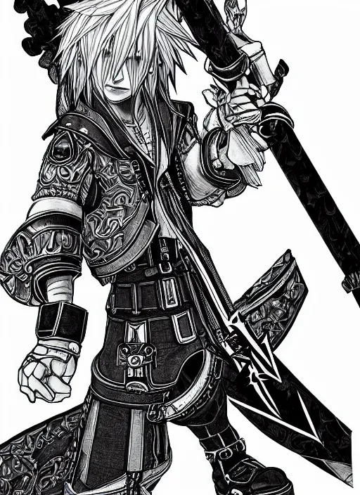 Image similar to joe biden as a kingdom hearts keyblade wielder, official square enix line art artwork, intricate design, high definition, delicate patterned, fashionable rpg clothing