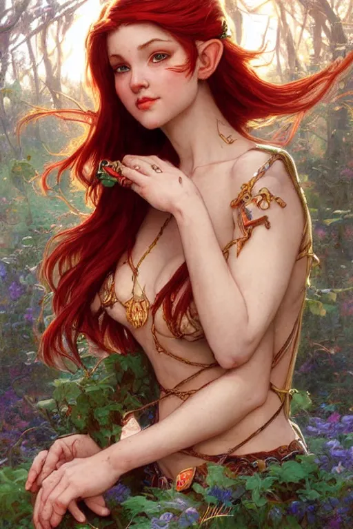 Prompt: alluring closeup portrait of beautiful elf girl with red hair, very detailed face and ears, realistic, tarot card, by Stanley Artgerm Lau, greg rutkowski, thomas kindkade, alphonse mucha, loish, norman rockwell J.