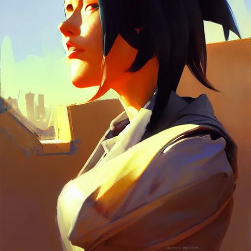 Image similar to Greg Manchess portrait painting of Mikasa Ackermann as Overwatch character, medium shot, asymmetrical, profile picture, Organic Painting, sunny day, Matte Painting, bold shapes, hard edges, street art, trending on artstation, by Huang Guangjian and Gil Elvgren and Sachin Teng