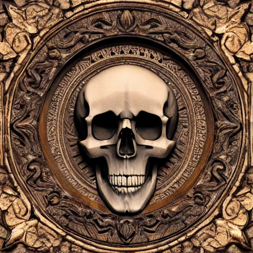 Image similar to rustic antiqued carving, gothic bas relief of skull with decorative tribal design, textured 3 d, intense detail, hyperealism, 4 k