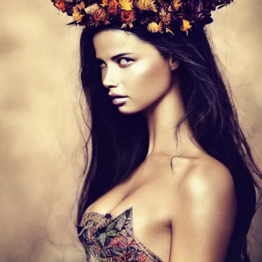 Prompt: fine art photo of the beauty goddess adriana lima, she has a crown of dried flowers, by oleg oprisco