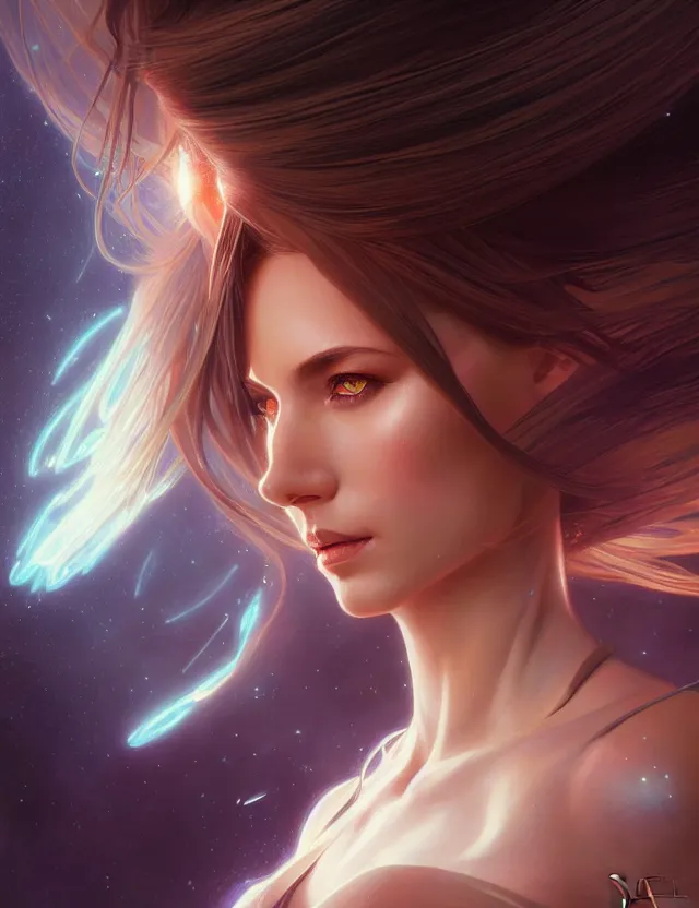 Image similar to futuristic woman portrait, sci-fi, amber eyes, face, long hair, fantasy, intricate, elegant, highly detailed, digital painting, artstation, concept art, smooth, sharp focus, illustration, art by artgerm and greg rutkowski and alphonse mucha