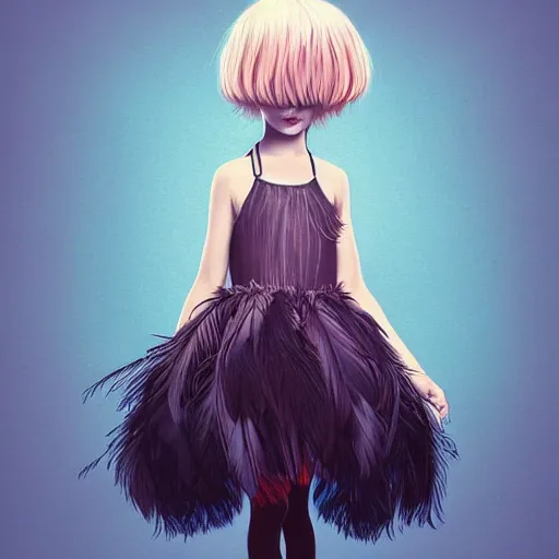 Image similar to little girl with an eccentric haircut wearing an dress made of feathers, artwork made by ilya kuvshinov