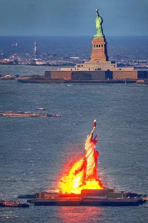 Prompt: disaster photography, airship hits the statue of liberty, full color, explosion, 8k, hd, high resolution