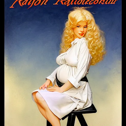 Image similar to beautiful painting of the androgynous pale blond prince Raiden with long curly blond hair, wearing a soft white poet shirt and a black miniskirt and heels, pregnancy, pinup poster by J.C Leyendecker and Norman Rockwell