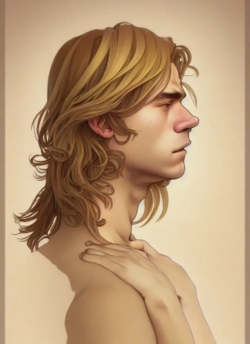 Prompt: pretty young man with shoulder length shiny shimmering golden blond hair, half body shot, path traced, highly detailed, high quality, digital painting, by studio ghibli and alphonse mucha, leesha hannigan, hidari, disney