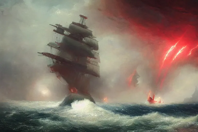 Prompt: A beautiful matte painting of huge alien spaceship attacking with powerful red lasers a Sailship in ocean in thunderstorm by Greg Rutkowski and Ivan aivazovsky