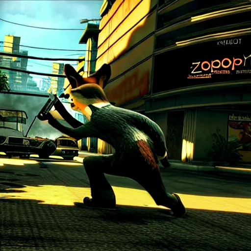 Image similar to max payne 3 set in zootopia