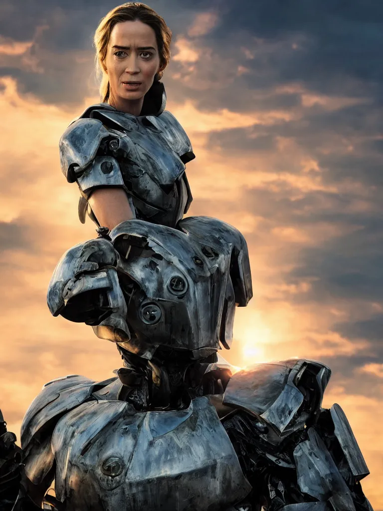 Image similar to emily blunt in futuristic power armor, close up portrait, solitary figure standing atop a pile of rubble, holding a sword on her shoulder, sunset and big clouds behind her