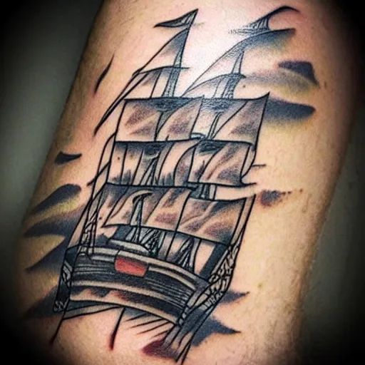 Image similar to A pirate ship tattoo design in the style of Dmitriy Samohin, hyper realistic tattoo