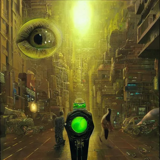 Prompt: a hyperrealistic painting of a cyberpunk city with pepe the frog cyborg with laser beam eye. walking through the night. robotic aliens, flying cars, cinematic horror by chris cunningham, richard corben, highly detailed, vivid color, beksinski painting, part by adrian ghenie and gerhard richter. art by takato yamamoto. masterpiece