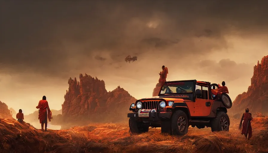 Prompt: Mahindra thar, tribe members watching nearby, an epic fantasy, dramatic lighting, cinematic, establishing shot, extremely high detail, photorealistic, shot on red camera, cinematic lighting, matte painting, artstation, by simon stalenhag, horizon fobidden west