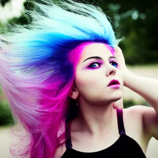 Image similar to a dramatic photo of a beautiful young woman with cotton candy hair. with a little bit of cyan and pink