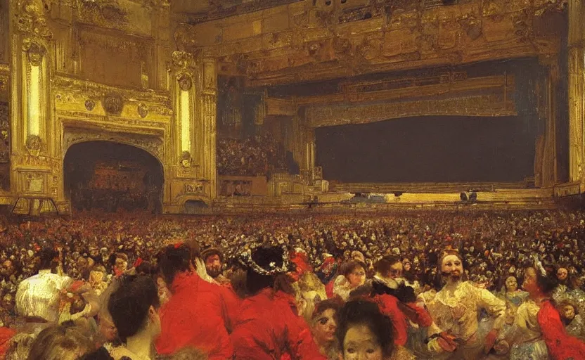 Prompt: high quality high detail painting by ilya repin, establishing shot of a theater show, hd