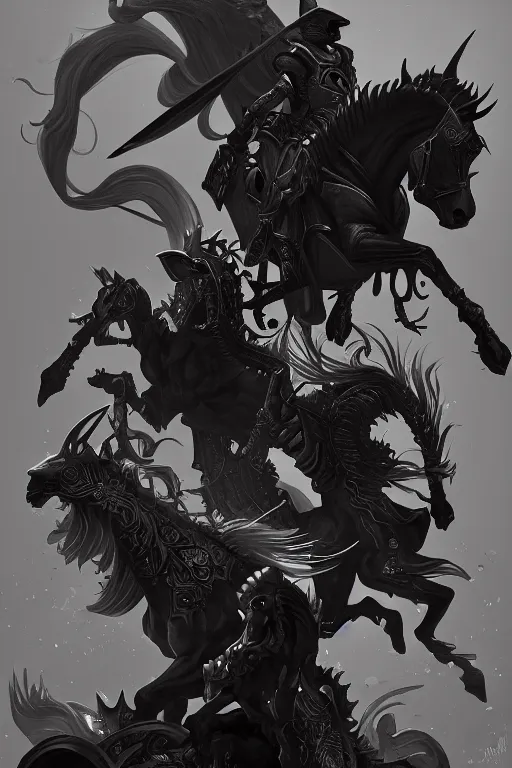 Image similar to a painting of the four horseman of the apocalypse, grim - lighting, high - contrast, intricate, elegant, highly detailed, digital painting, artstation, concept art, smooth, sharp focus, illustration