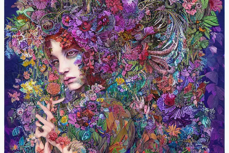 Prompt: a painting of a beautiful divine creature with a lot of wild flowers and plants on its head, poster art by android jones, behance contest winner, generative line art, made of flowers, grotesque, surreal, concert poster