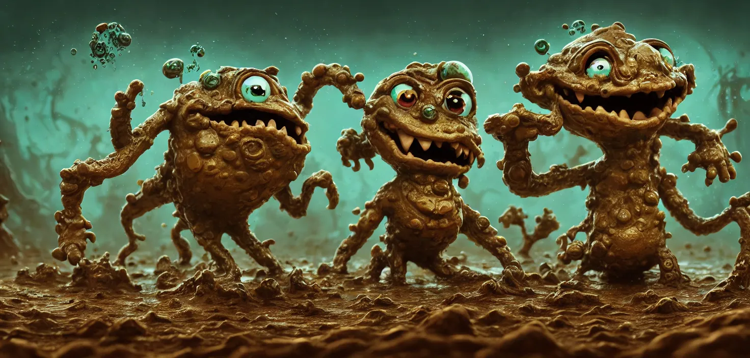 Prompt: intricate mud monsters with big eyes splash in the water, in the style of craola, macro lens, shallow depth of field, highly detailed, digital painting, trending artstation, concept art, illustration, cinematic lighting, vibrant colors, photorealism, epic, octane render