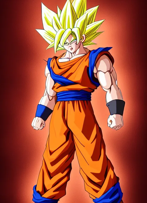 Image similar to a full portrait photo of super saiyan son goku, f / 2 2, 3 5 mm, 2 7 0 0 k, lighting, perfect faces, award winning photography.