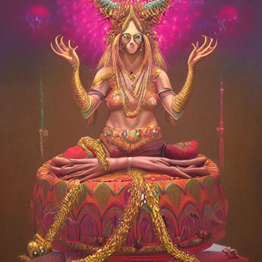 Image similar to wise old Indian guru, multiple arms, large ears, pink and gold , by Anato Finnstark, Tom Bagshaw, Brom