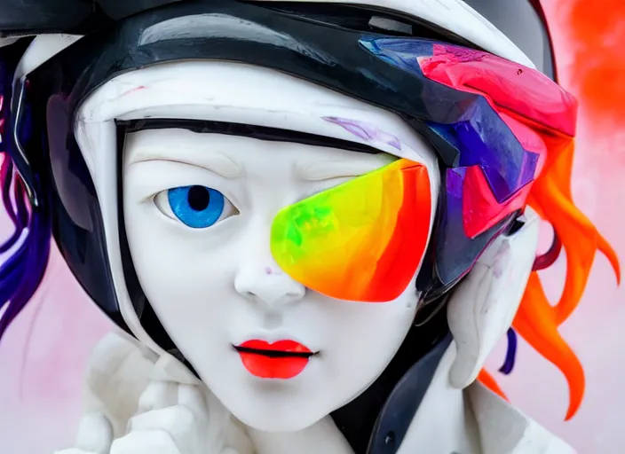 Image similar to extremely beautiful close up portrait photo of a white marble statue of an anime girl with colorful motocross logos and motorcycle helmet with closed visor, colorful smoke in the background, carved marble statue, fine art, neon genesis evangelion, virgil abloh, offwhite, denoise, highly detailed, 8 k, hyperreal