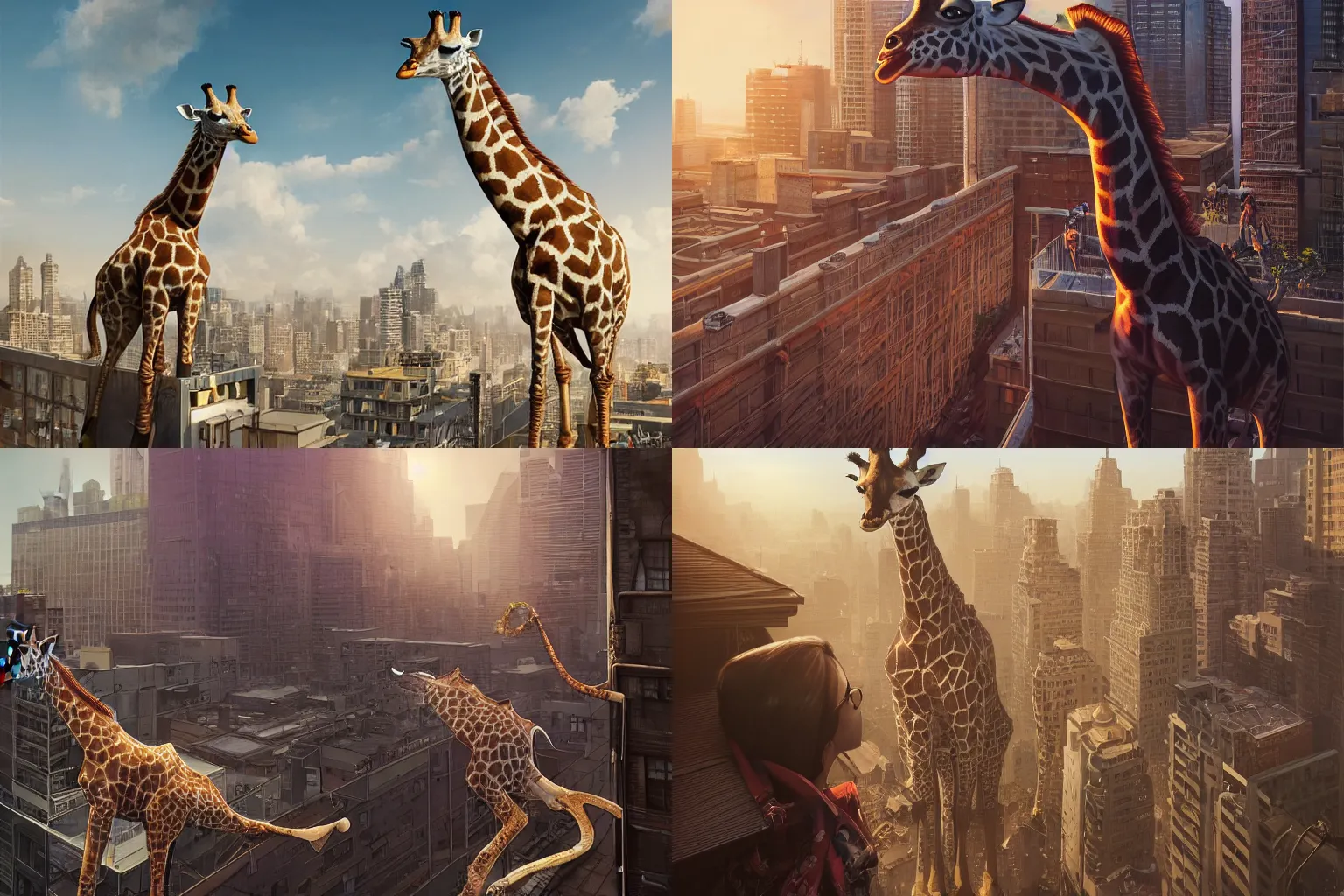 Prompt: rooftop, giraffe, portrait, intricate, epic lighting, cinematic composition, hyper realistic, 8 k resolution, unreal engine 5, by artgerm, tooth wu, dan mumford, beeple, wlop, rossdraws, james jean, andrei riabovitchev, marc simonetti, yoshitaka amano, artstation