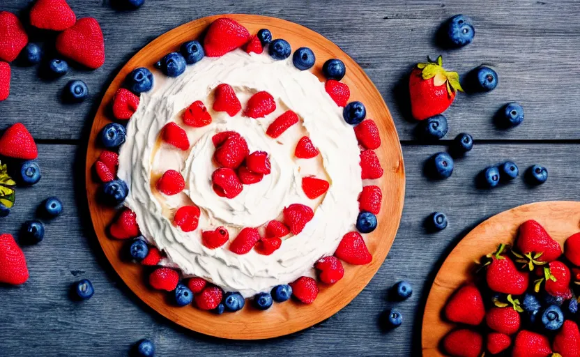 Prompt: A photo of a swedish cake from the side on a wooden table, with cream spread on the sides and strawberries, raspberries and blueberries placed in circles on top. Sunset. 4K. Cinematic lighting. High detail. Realistic. Delicious.