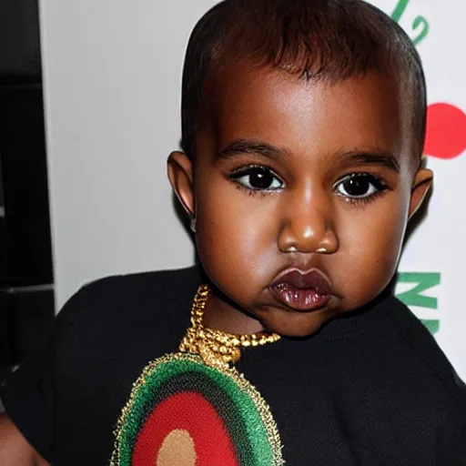 Prompt: toddler Kanye west wearing Gucci and a crown