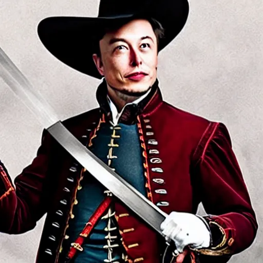 Prompt: photo of elon musk as a musketeer, he has a big black hat with a red feather and he is holding a shiny rapier sword