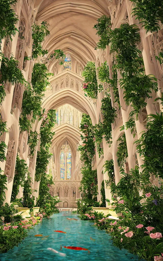 Image similar to beautiful grand cathedral interior with!! koi pond!! in the! middle! surrounded by palm trees, ivy,!! flowers!!, ( tropical plants ),!! roses!!, and with archways, rendered in octane render with photorealistic volumetric cinematic lighting, wide angle, horizontal symmetry, symmetrical! 8 k