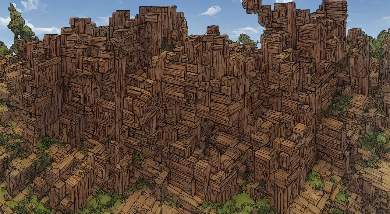 Image similar to wood wall fortress greeble block amazon jungle global illumination ray tracing that looks like it is from borderlands and by feng zhu and loish and laurie greasley, victo ngai, andreas rocha, john harris