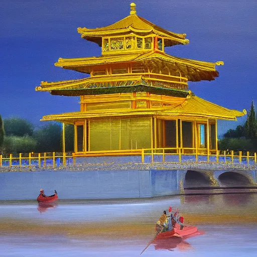 Image similar to dutch master style oil painting of the golden pavilion, high art