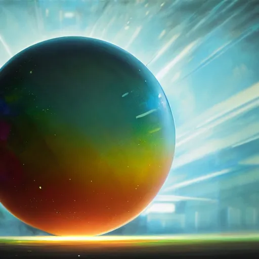 Prompt: long shot of a singular giant ball made of rainbow glass, cinematic space scenery, concept art, by esao andrews, by gerhard richter, by ridley scott, volumetric light, beautiful oil painting, realistic reflections, smooth, lens flare, depth perception, high depth of field, 4 k, 3 d octane render, hyperrealistic, trending on artstation