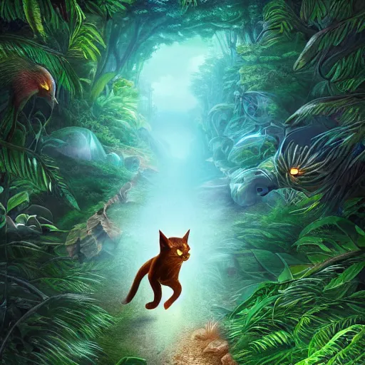 Image similar to fantasy book cover artwork of a cat running through the jungle, ultradetailed, wallpaper, 4k, prismatic