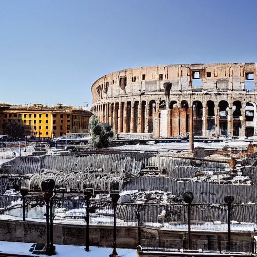 Image similar to The city of Rome under the snow on August. It's snowing everywhere on the entire cityscape of Rome under a blue sky and a very hot sun. It's crazy hot.