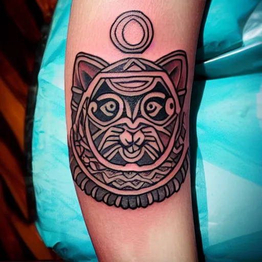 Prompt: tattoo sketch in polynesian style cat hugging the sun, maori