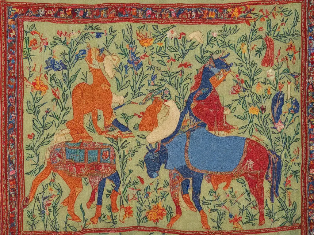 Image similar to Embroidered Central Asian tapestry depicting a unicorn in the garden of Eden