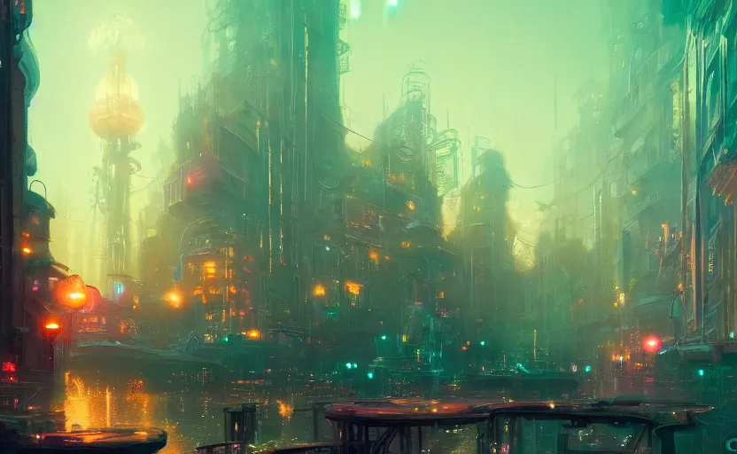 Prompt: Port city, illustrated by Greg Rutkowski and Gaston Bussiere, 35mm lens, beautiful macro close-up imagery, vibrantly lush neon lighting, beautiful volumetric-lighting-style atmosphere, a futuristic atmosphere, intricate, detailed, photorealistic imagery, trending on artstation, 4k, 8k